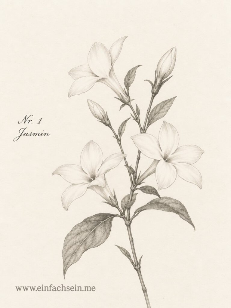 Zarte botanische Bleistiftzeichnung eines Jasminzweiges mit weißen Blüten, beschriftet mit Nr. 1 Jasmin